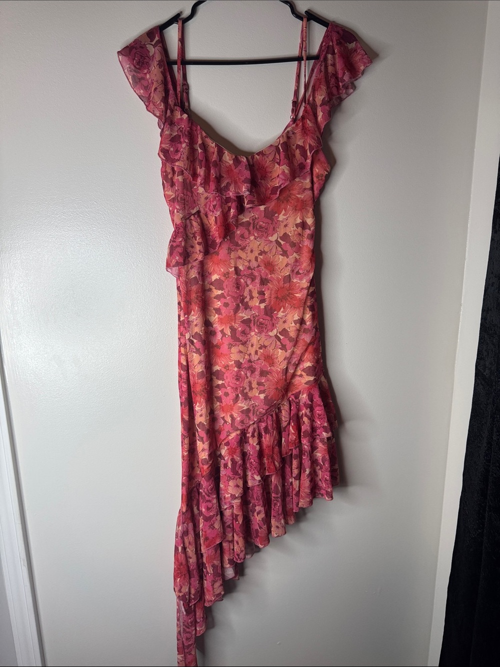 Asymmetrical Ruffle Floral Dress - Pink Multi